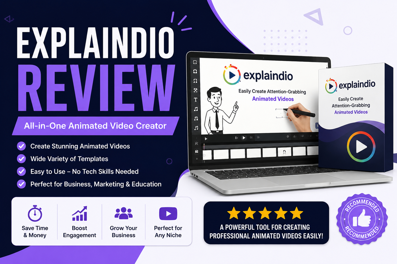 Explaindio video editor timeline showing whiteboard sketch, animation, and video scenes