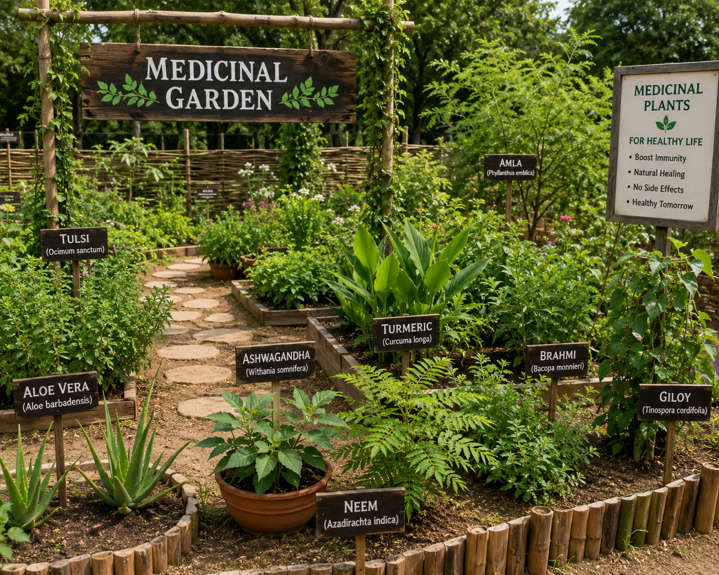 Ten packets of medicinal herb seeds laid out next to a gardening trowel and a herbal guide book