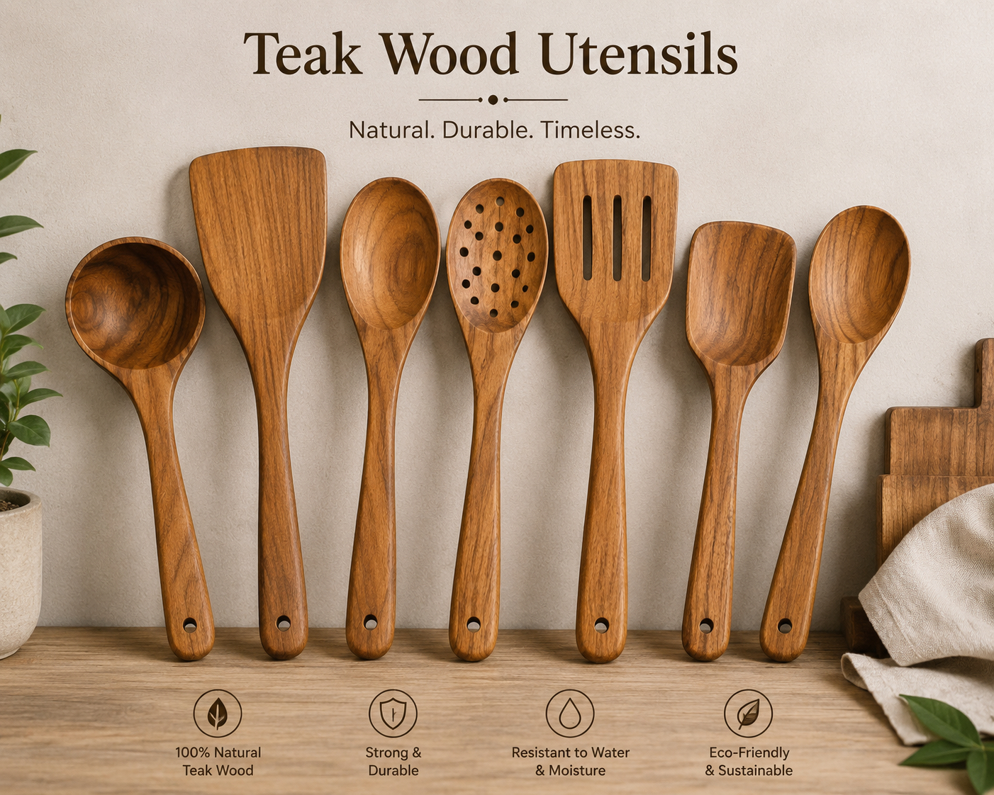 Set of teak wood cooking utensils — spoon, spatula, and ladle — resting in a ceramic holder on a kitchen counter