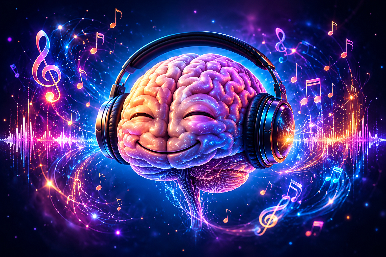 Person wearing headphones listening to a digital audio track with a sound-wave visualization