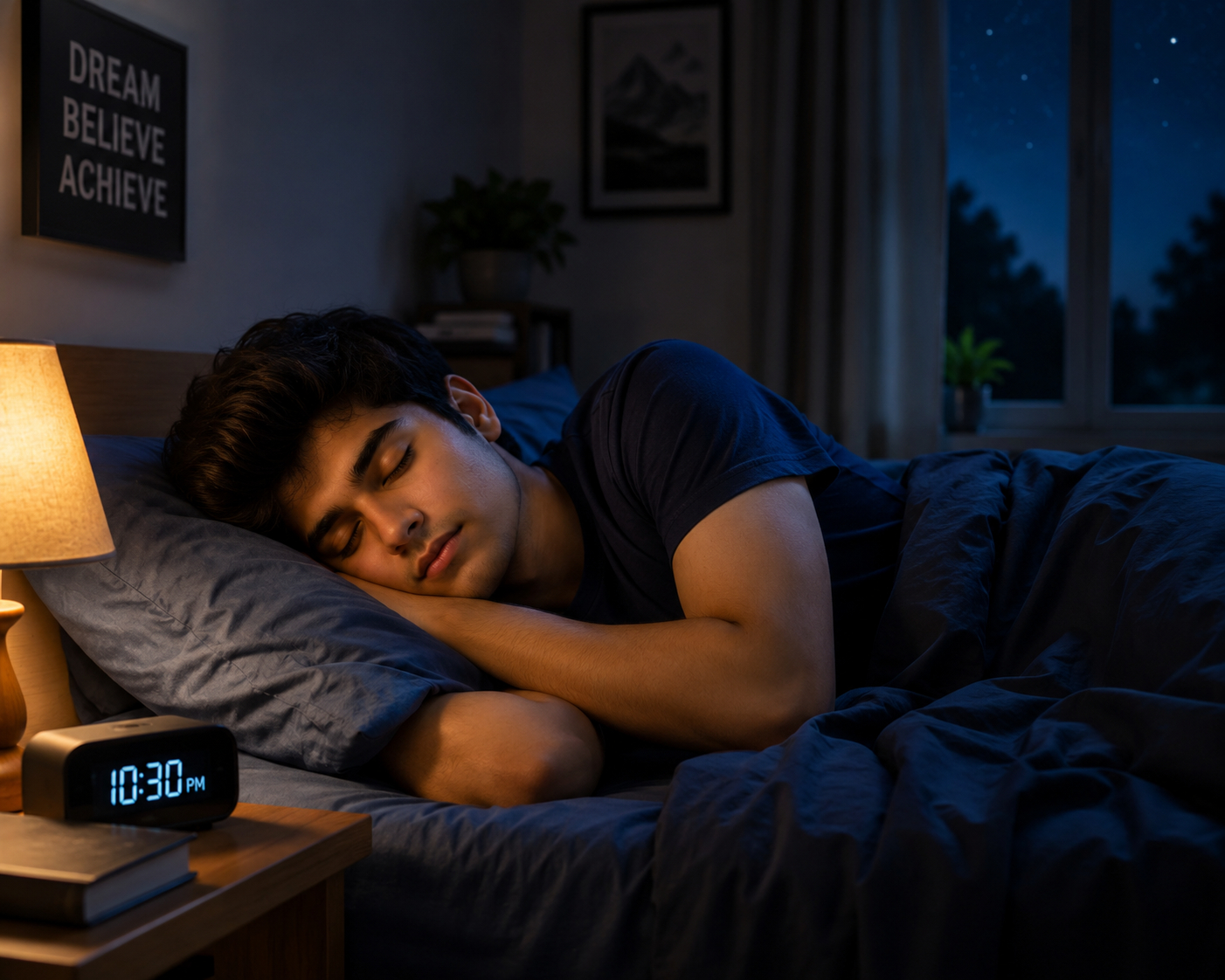 Dropper bottle of liquid sleep supplement next to a glass of water on a nightstand